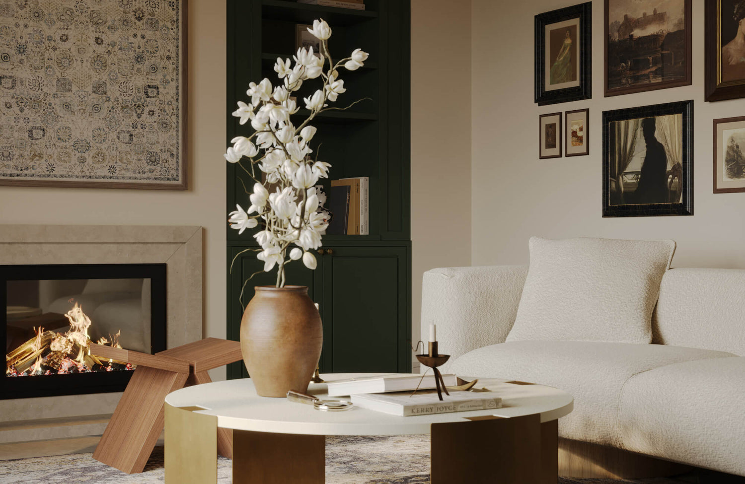 Elegant living room with curated gallery wall, green built-ins, fireplace, and neutral seating for a timeless look.