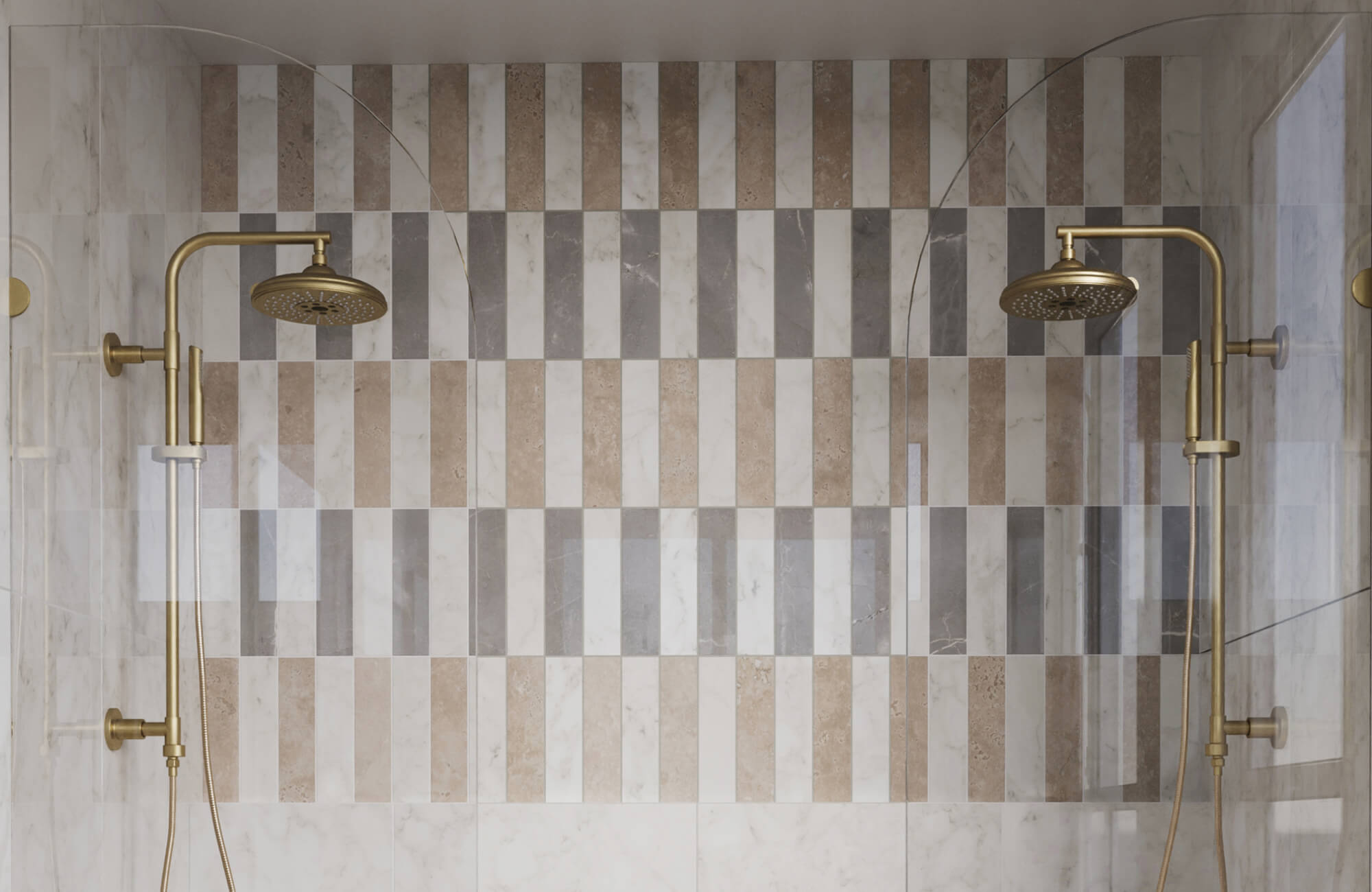 Dual rain showerheads frame a wall of vertical striped tiles in shades of beige and grey, adding a touch of elegance to this modern bathroom.