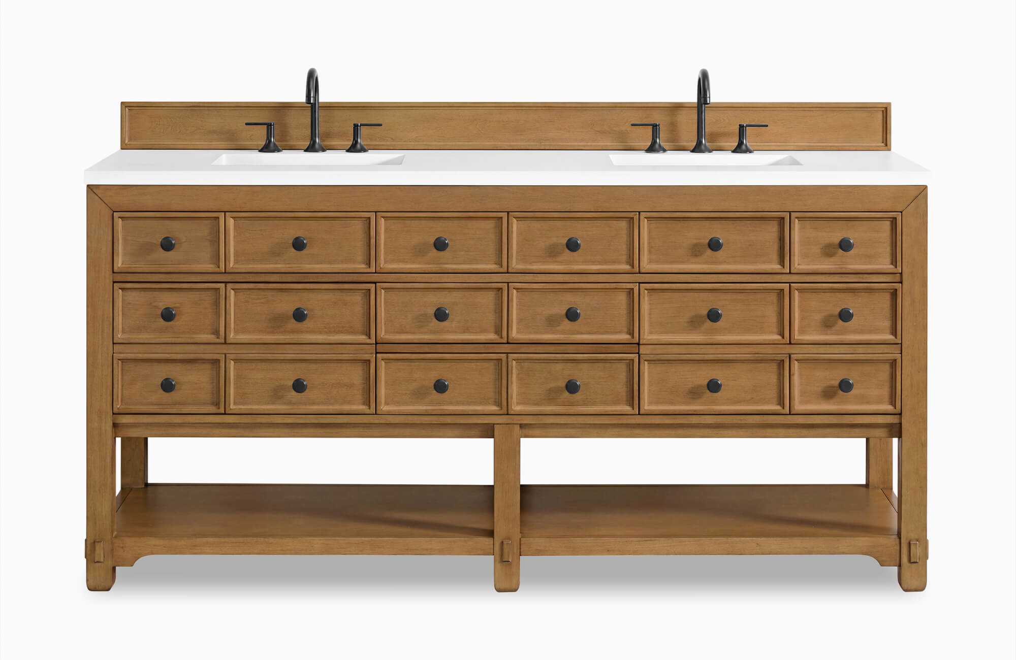 Double-sink wooden bathroom vanity with shaker-style drawers, matte black hardware, white quartz top, and open lower shelf.