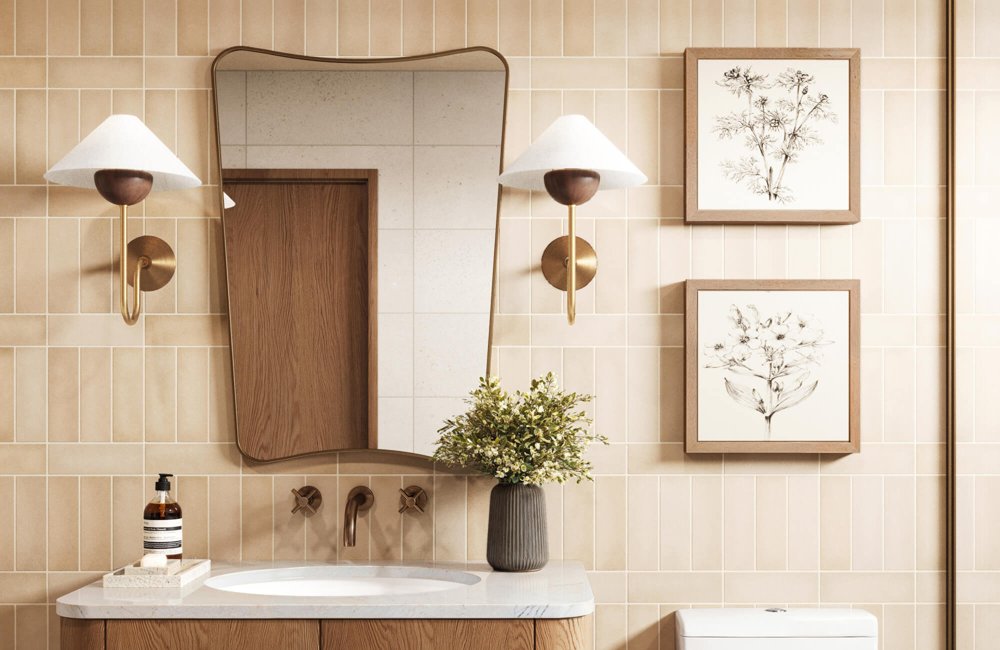 Elegant beige subway tiles with a subtle tonal variation, creating a warm and inviting backdrop for this stylish bathroom.
