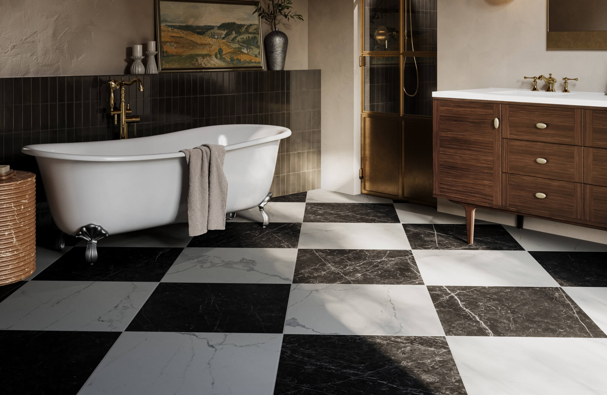 Freestanding tub with black wall tile and black-and-white marble checkerboard flooring in a warm bathroom.