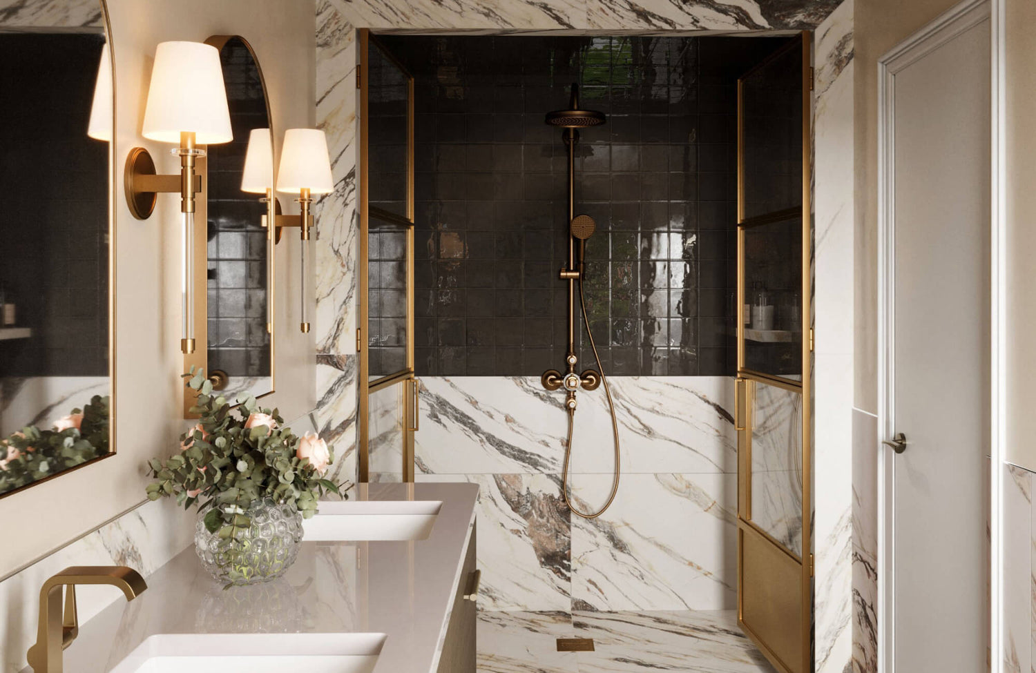Luxurious marble and glossy black ceramic tiles define this elegant walk-in shower with gold fixtures and dual vanity accents.