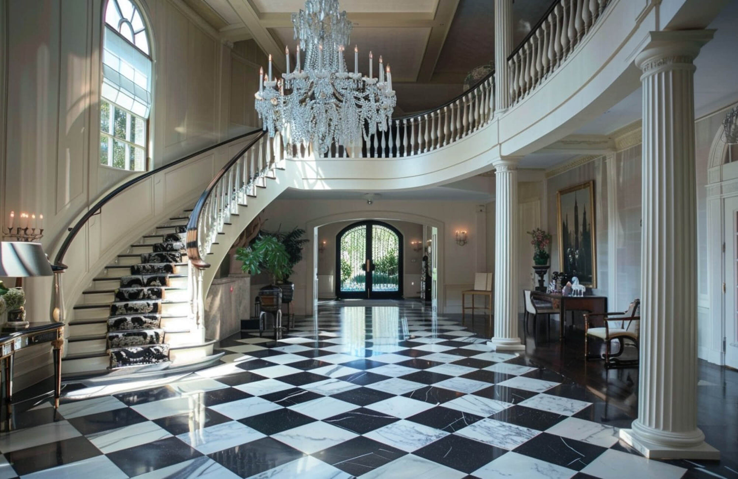 Grand foyer with black and white checkerboard porcelain tiles, sweeping staircase, and crystal chandelier.