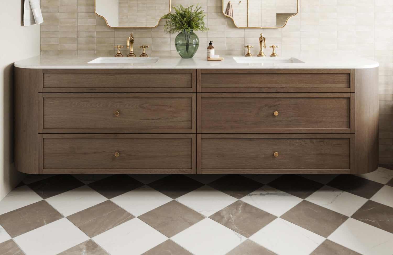 Modern bathroom vanity with warm wood cabinetry, brass fixtures, and marble-look checkerboard tiles arranged diagonally on the floor.