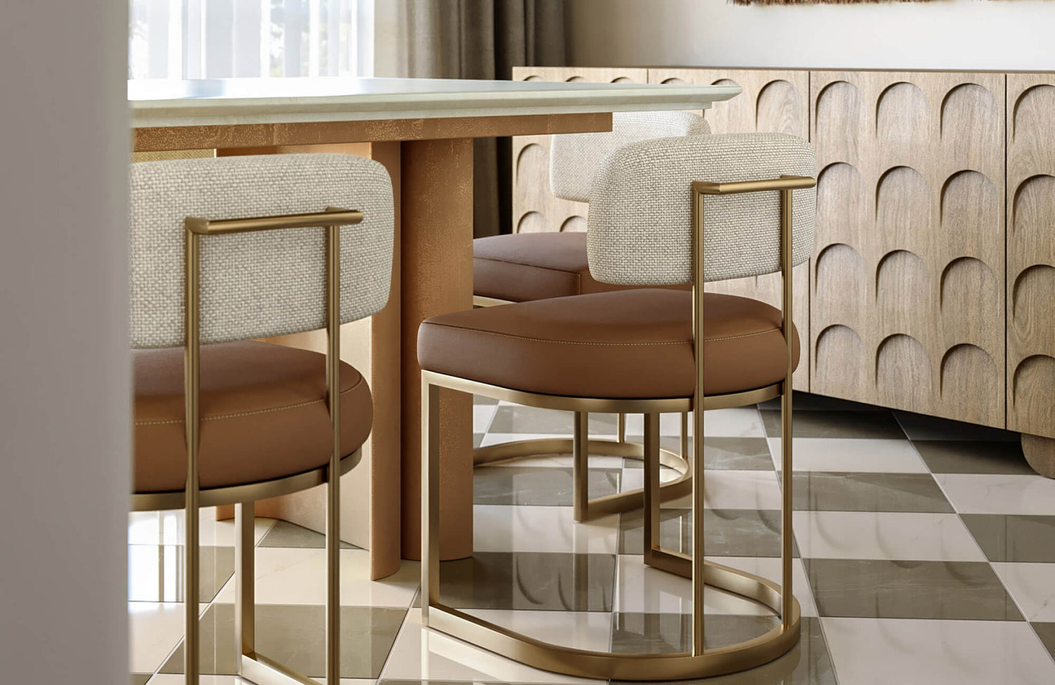 Elegant dining space with sleek upholstered chairs, a marble-topped table, and glossy checkered tiles creating a bold, sophisticated look.