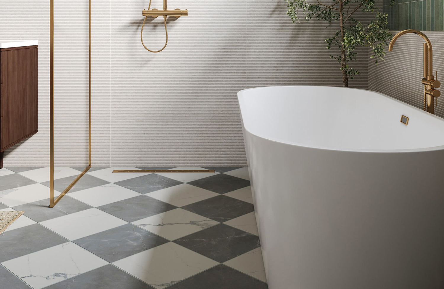 Bathroom with gray and white checkered tile flooring featuring a matte surface that helps improve slip resistance in wet areas near the bathtub and shower.