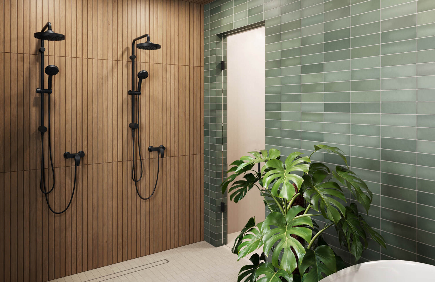 Modern shower space featuring green subway tiles, wood paneling, sleek black fixtures, and lush greenery for a spa-like, natural ambiance.