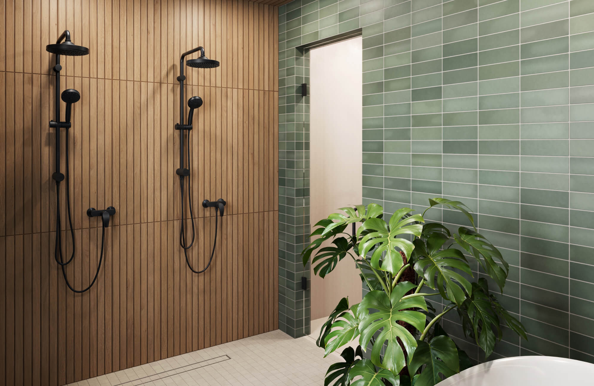 Modern shower space featuring green subway tiles, wood paneling, sleek black fixtures, and lush greenery for a spa-like, natural ambiance.