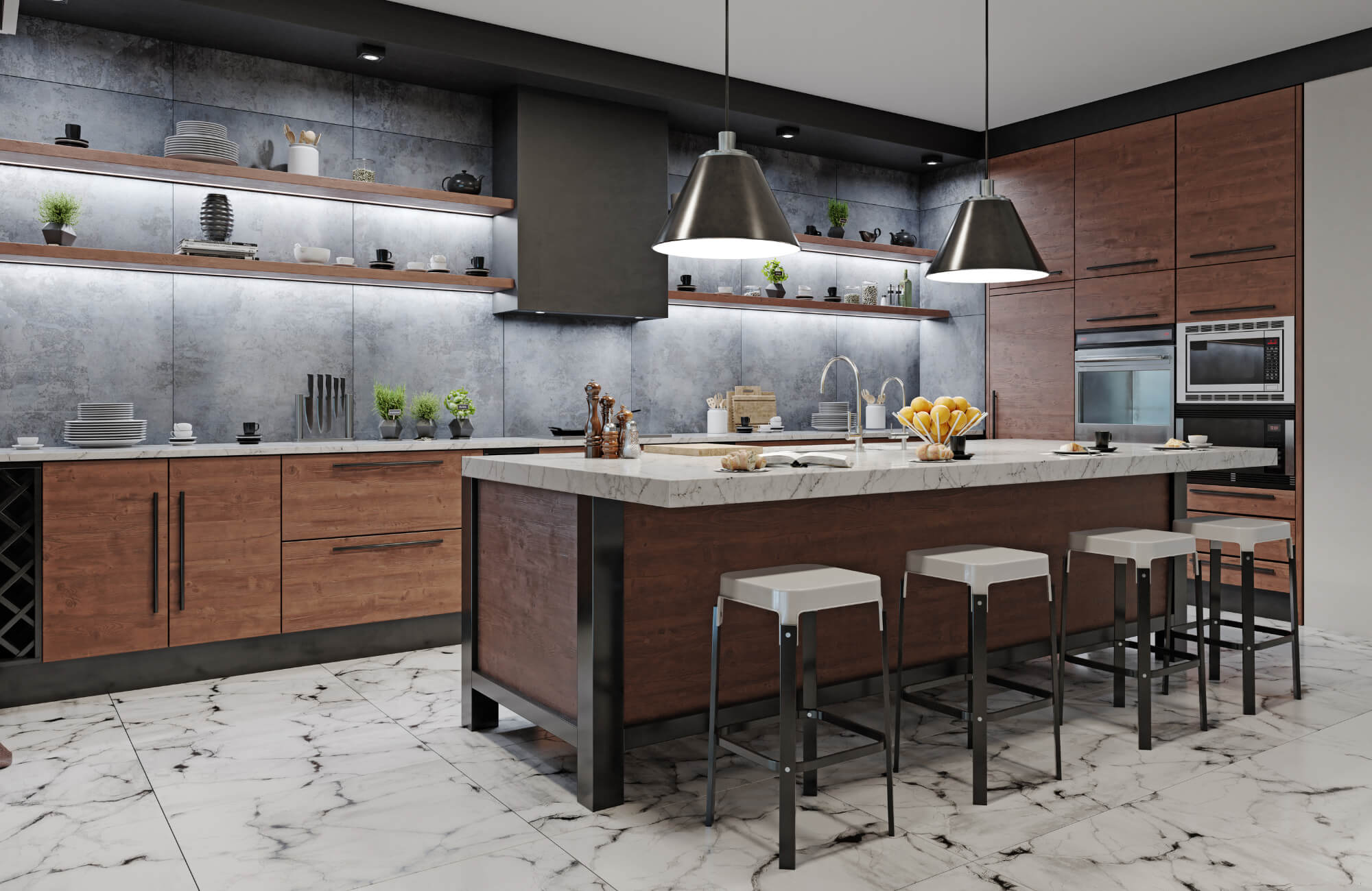 Modern kitchen featuring grey ceramic tile backsplash, marble-look flooring, wood cabinetry, and a large island with pendant lighting.