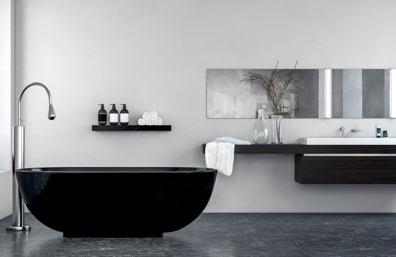 Modern minimalist bathroom with a matte black bathtub, wall-mounted sink, and decorative accents in glass and dark wood tones.