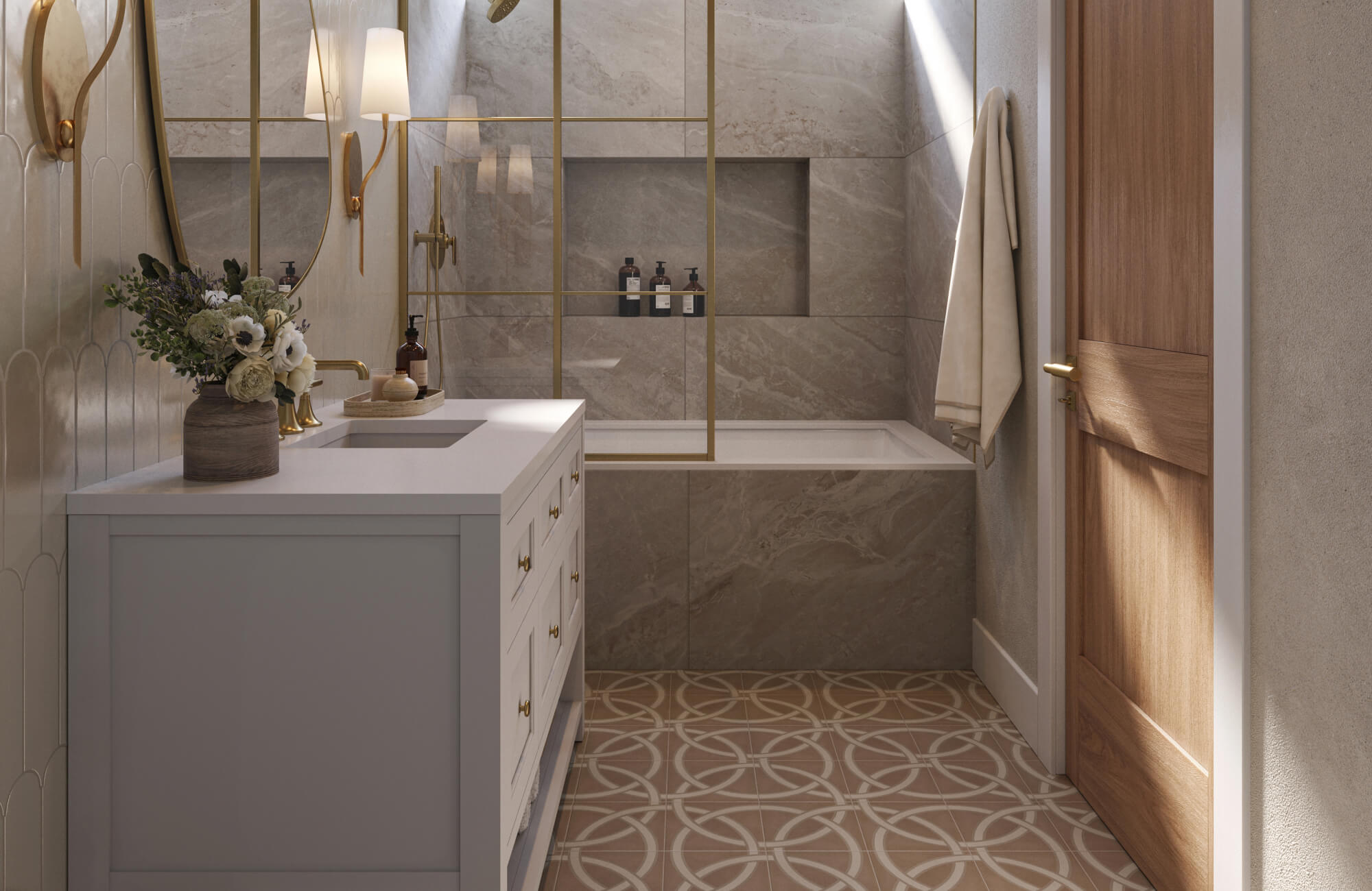 Elegant bathroom with geometric patterned traditional floor tiles, marble look shower walls, and gold accents.