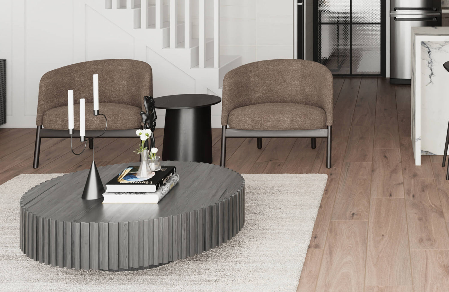 Contemporary living room with warm wood flooring and a soft-textured polypropylene rug beneath a sculptural coffee table and accent chairs.