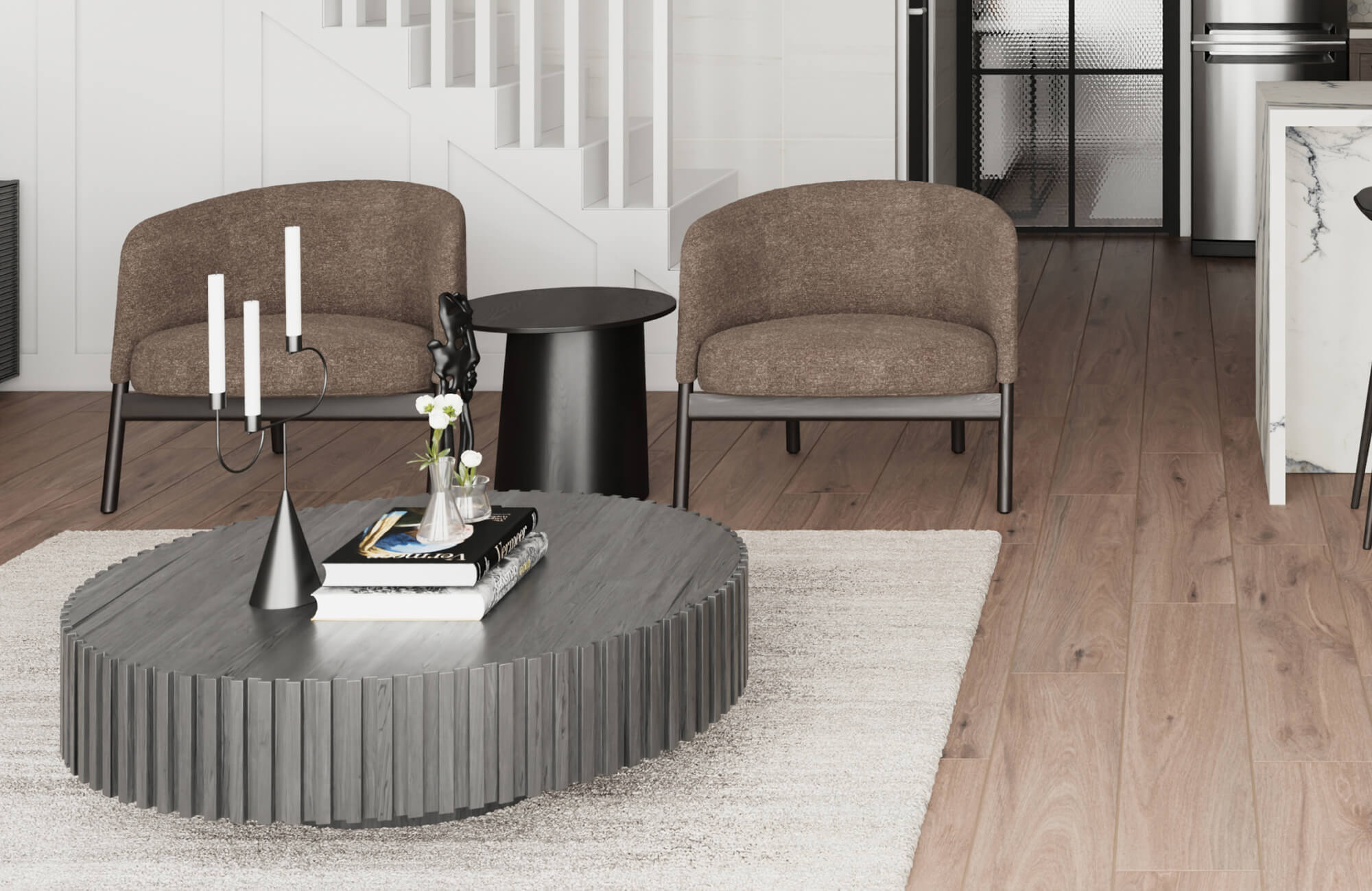 Contemporary living room with warm wood flooring and a soft-textured polypropylene rug beneath a sculptural coffee table and accent chairs.