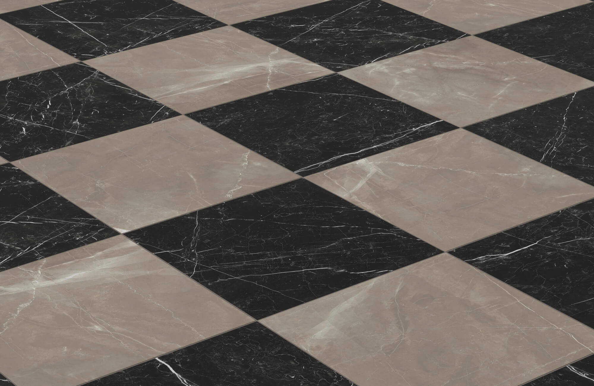 A timeless black and beige checkerboard tile pattern in polished porcelain, showcasing elegant veining and a high-gloss finish for a sophisticated look.