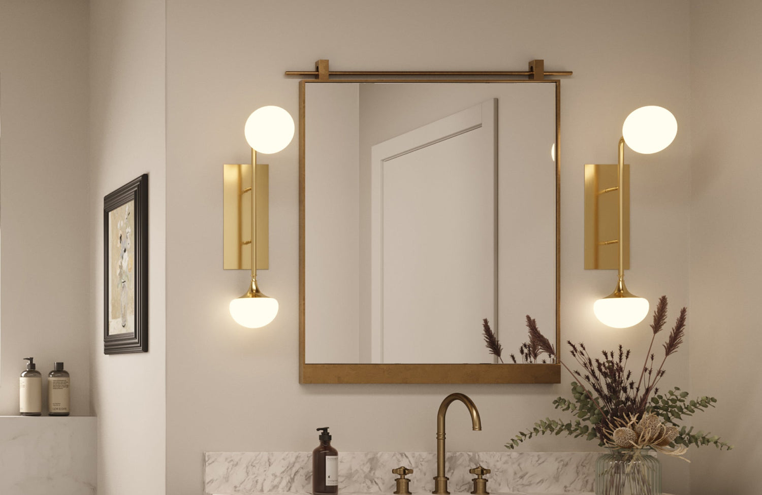 Elegant bathroom with a gold-framed square mirror centered above a marble vanity and soft ambient lighting.