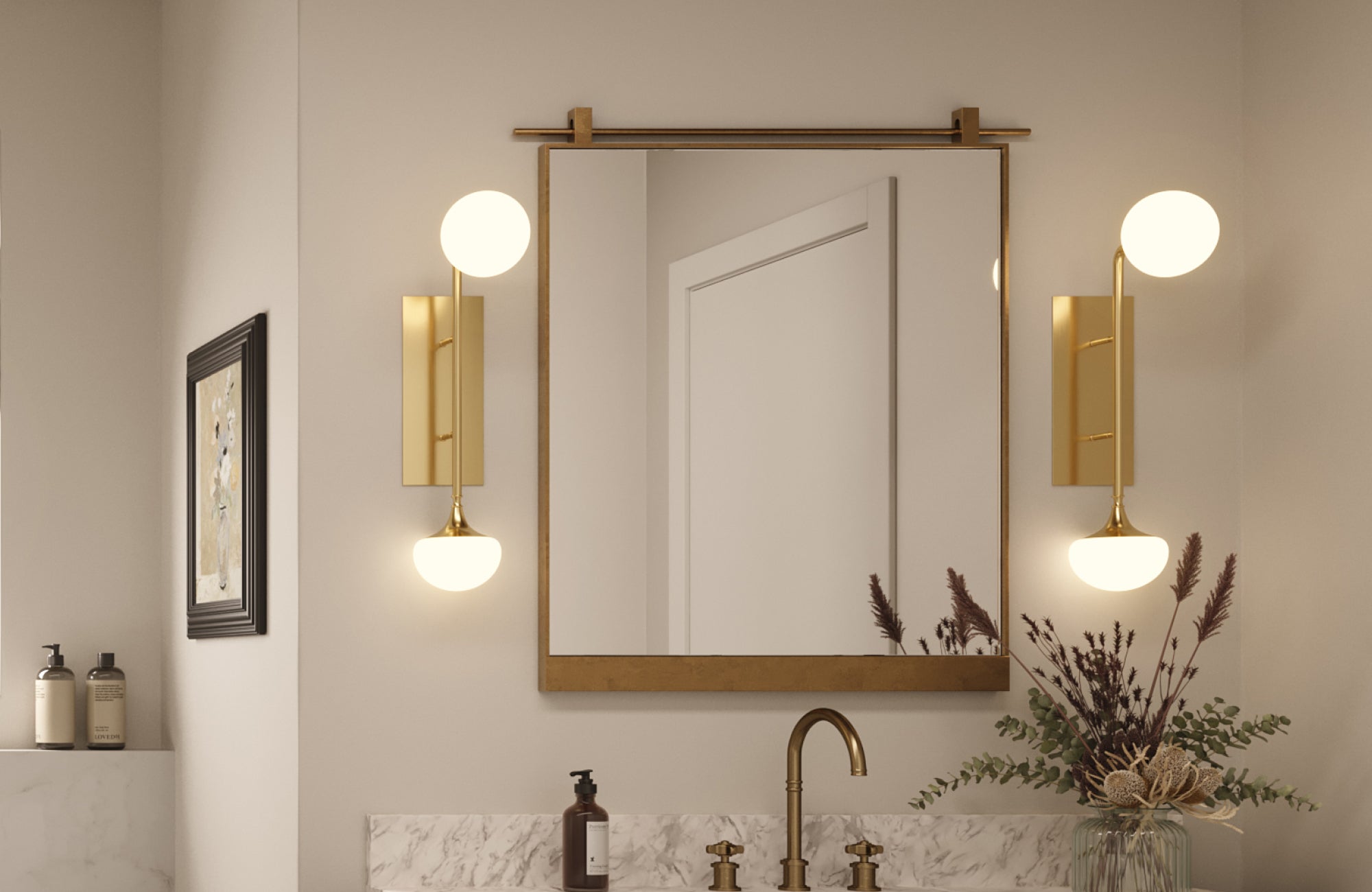 Elegant bathroom with a gold-framed square mirror centered above a marble vanity and soft ambient lighting.