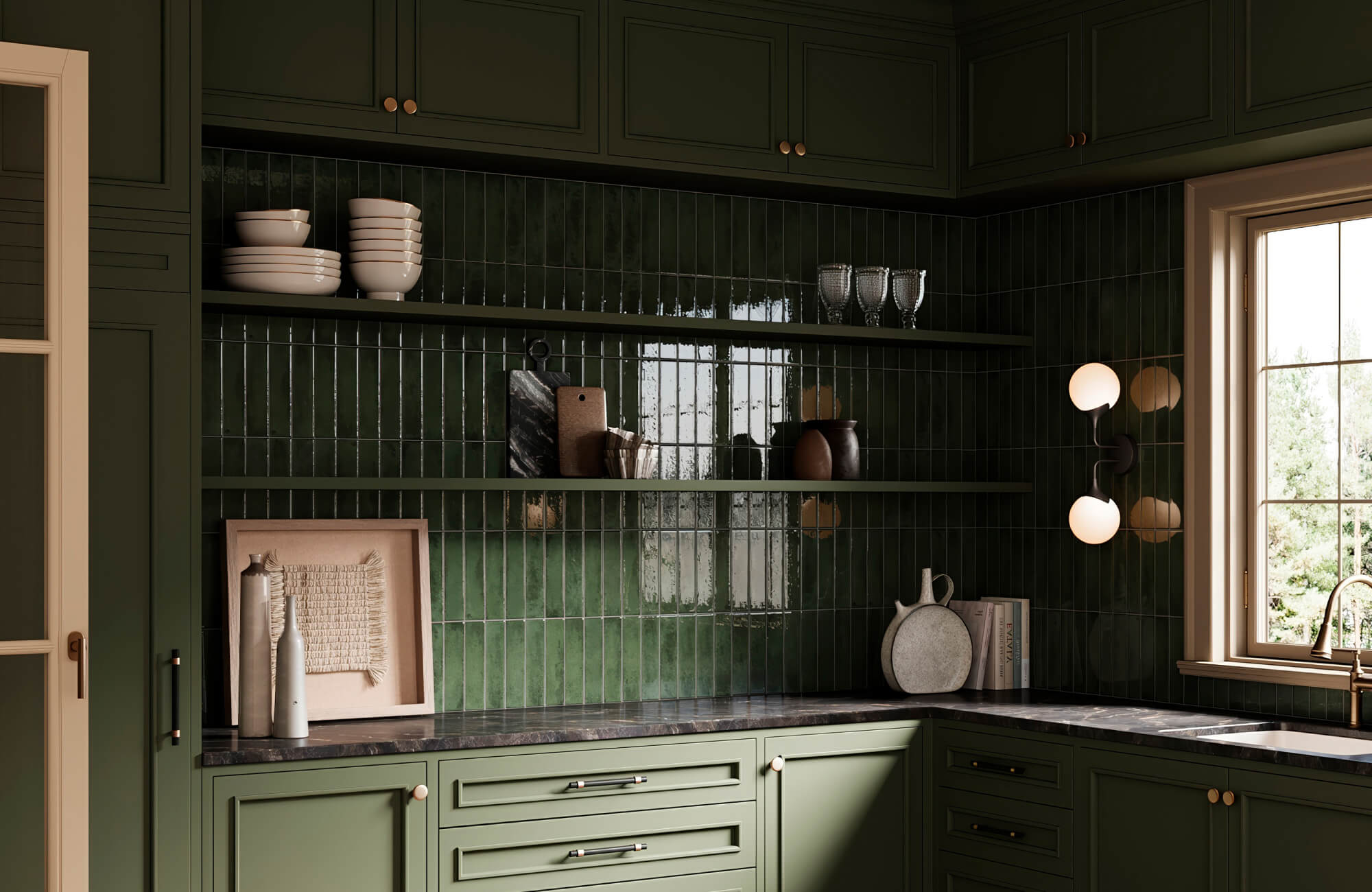 Glossy green subway tile backsplash installed in a vertical stack pattern, extending from countertop to ceiling behind open shelving and olive cabinetry, creating a dramatic full-wall subway tile backsplash in a modern kitchen.