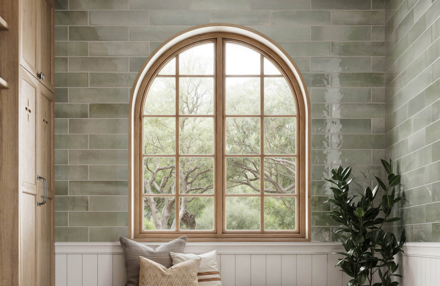 Arched window framed by glossy green subway tiles in a horizontal layout, with wood cabinetry, pillows, and a potted plant nearby.