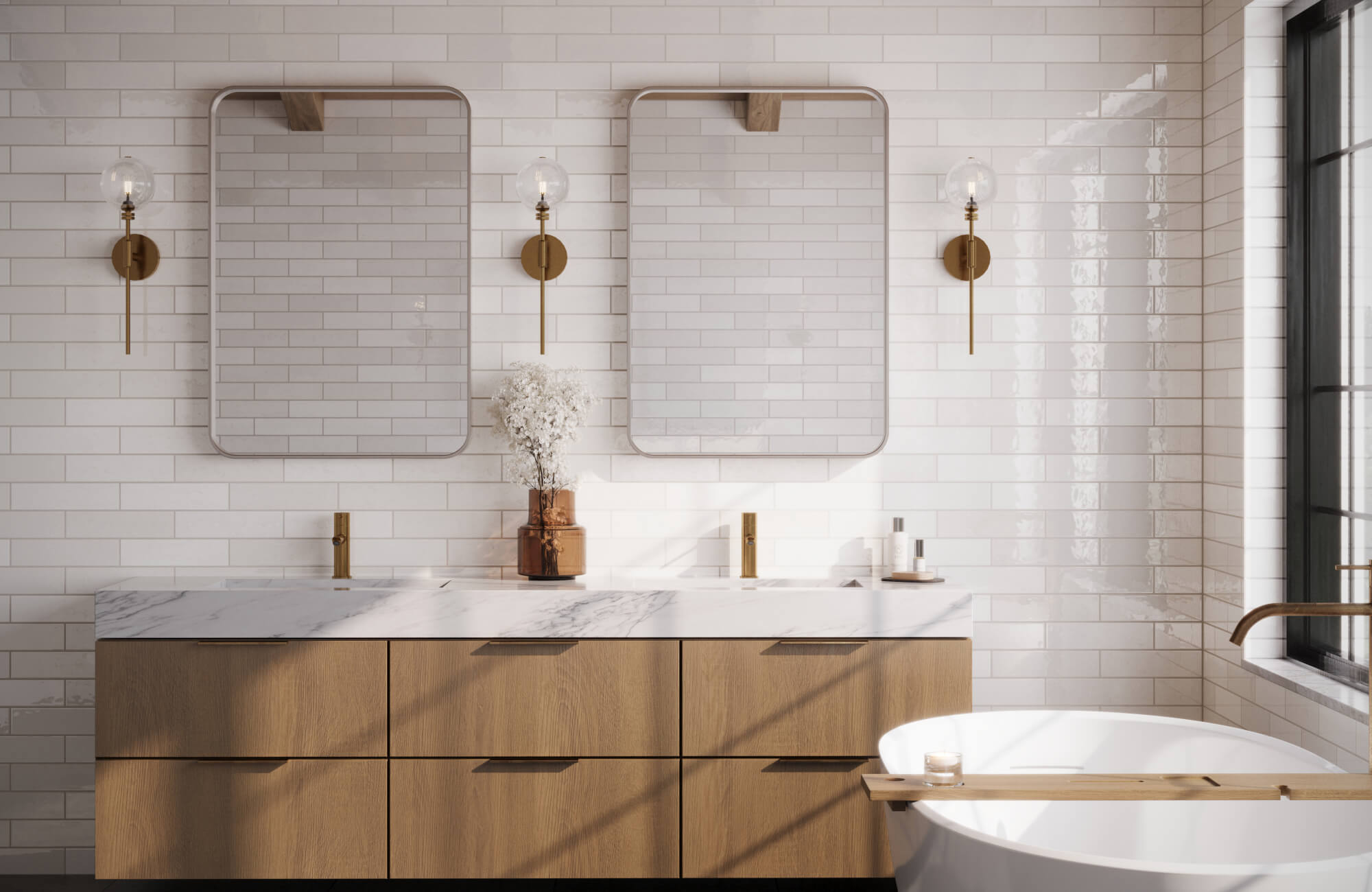 Modern bathroom with glossy white subway tiles, a wood vanity with marble countertop, and gold fixtures for a chic, minimalist look.