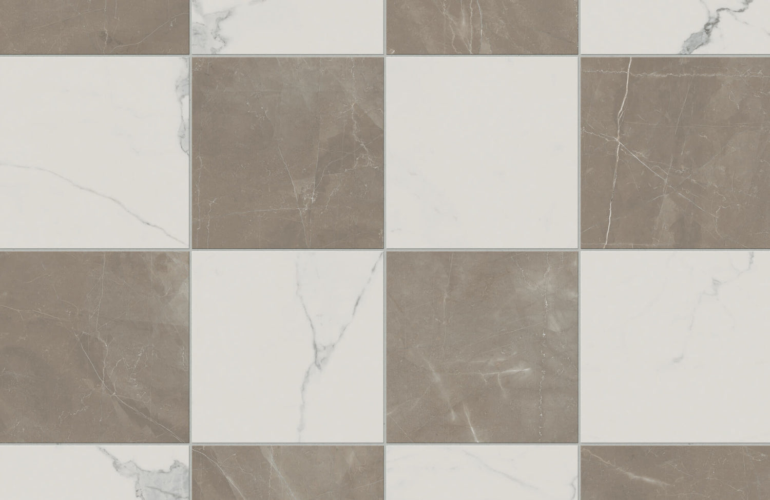 Elegant checkerboard tiles with a natural stone look, featuring alternating beige and white squares with subtle veining, ideal for adding a classic yet modern touch to floors or walls.