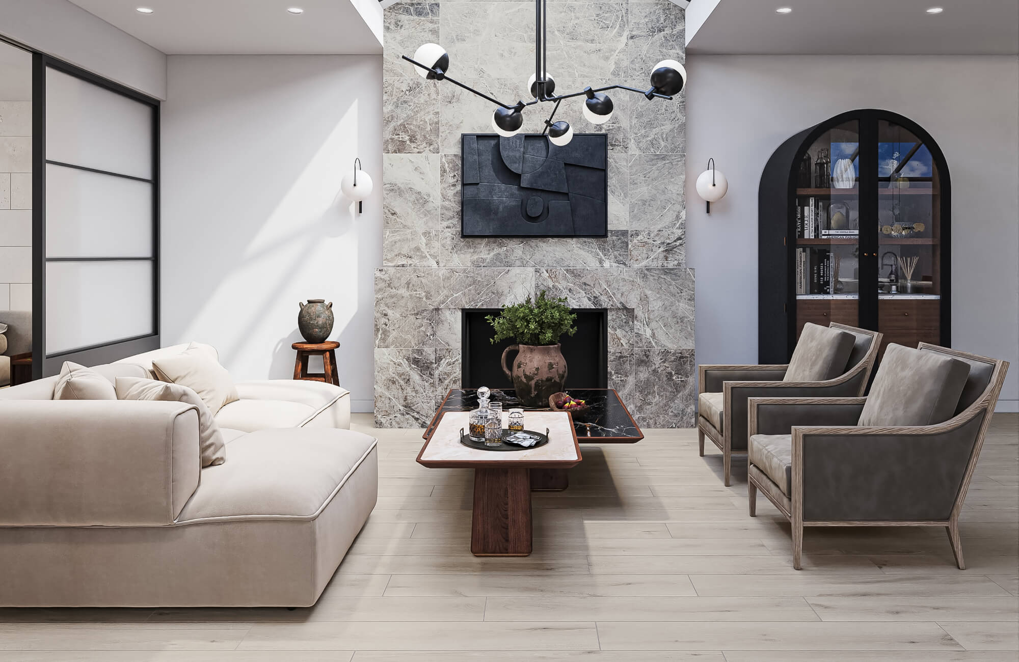 Light beige wood look tile flooring brings warmth to this clean living room, grounding the gray stone fireplace and black wall art for a relaxed, modern feel.