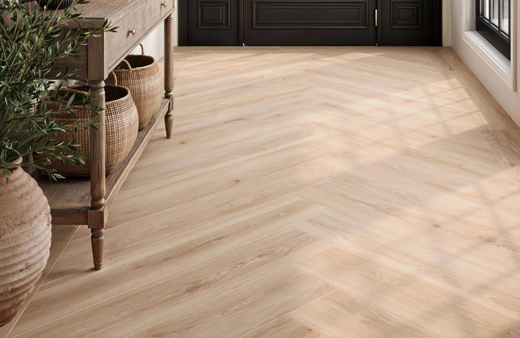 Warm wood look tiles with natural grain detail, adding rustic charm to a sunlit entryway with earthy decor.