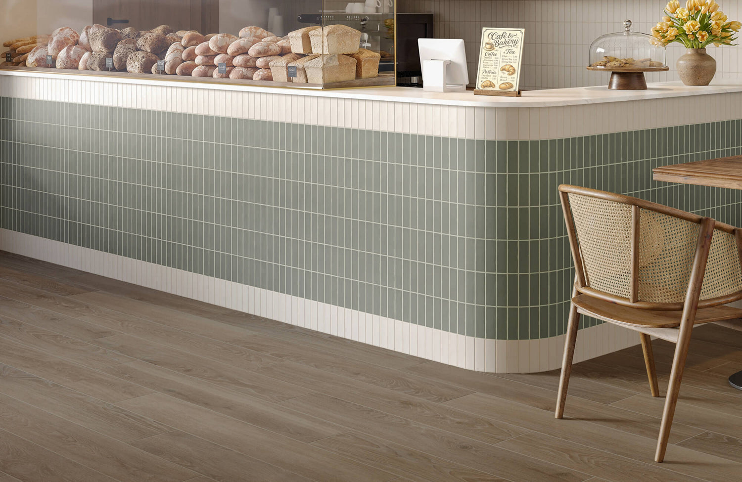 Wood look tile flooring in a bakery café setting, offering a natural finish that pairs beautifully with vertical green tiles.
