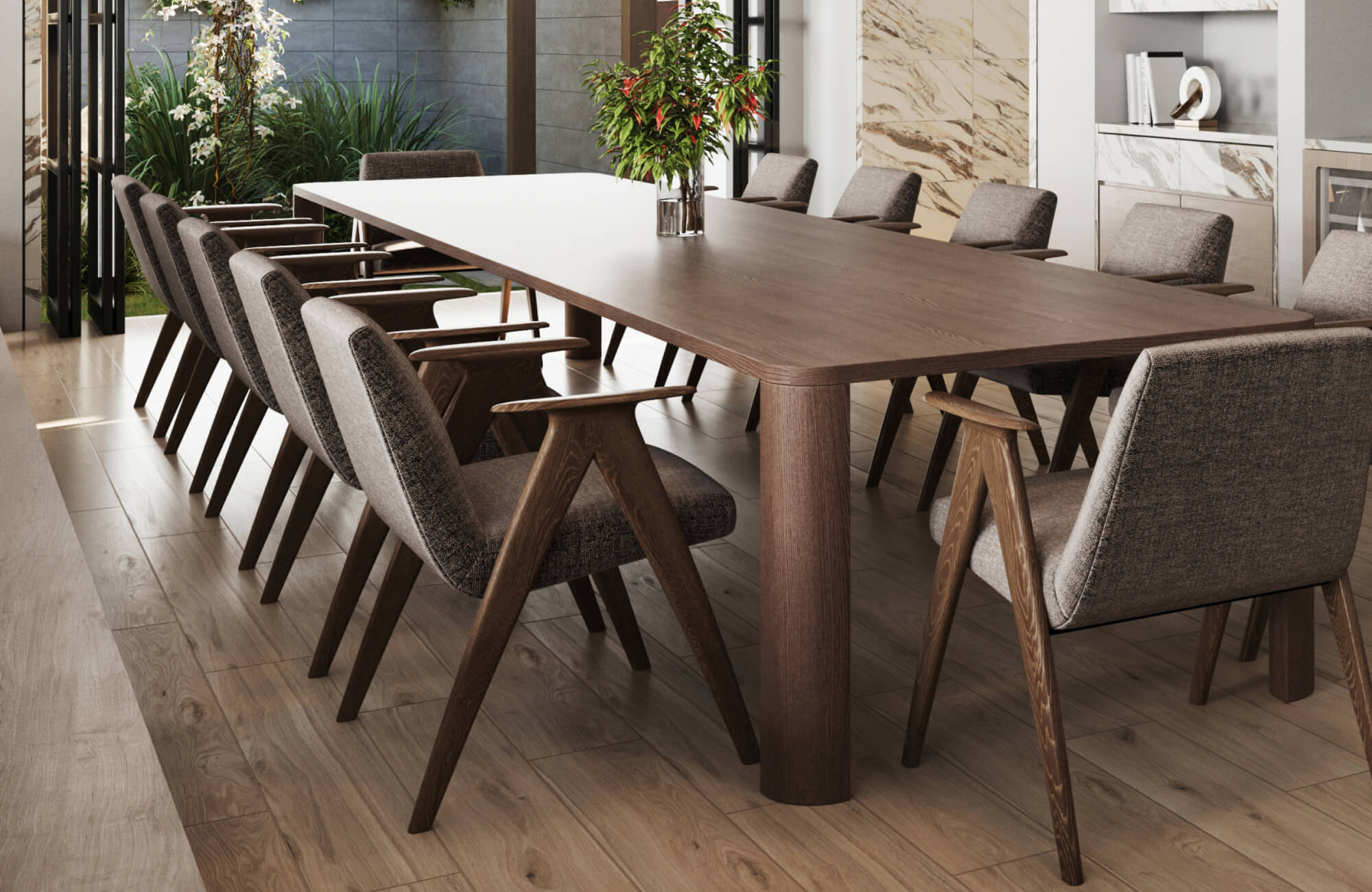 Sophisticated dining space featuring a rich wood table, modern upholstered chairs, and warm wood look tile flooring for a timeless appeal.
