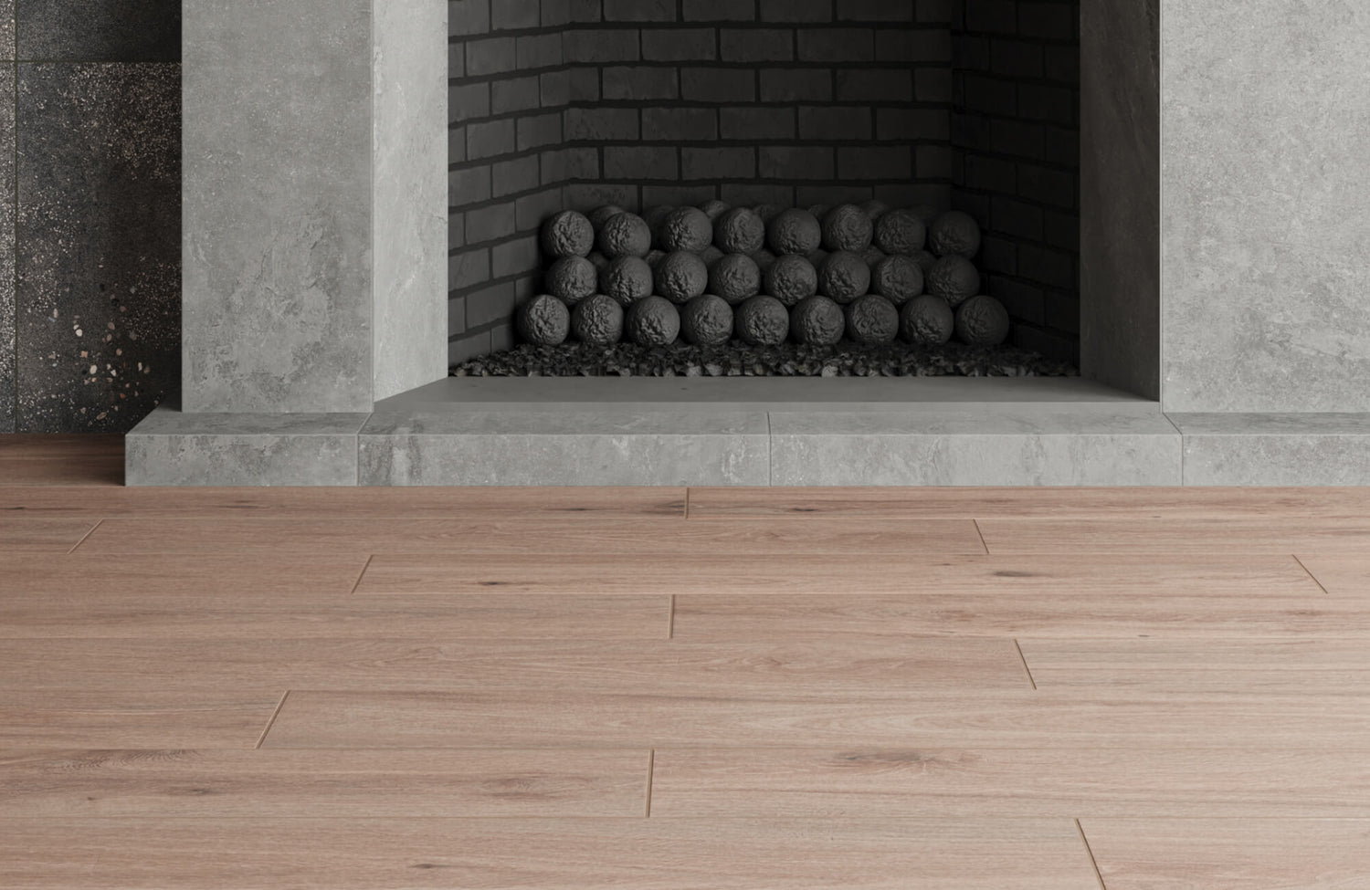 Sophisticated concrete fireplace with a minimalist design, featuring a dark brick interior and a modern wood-look tile floor