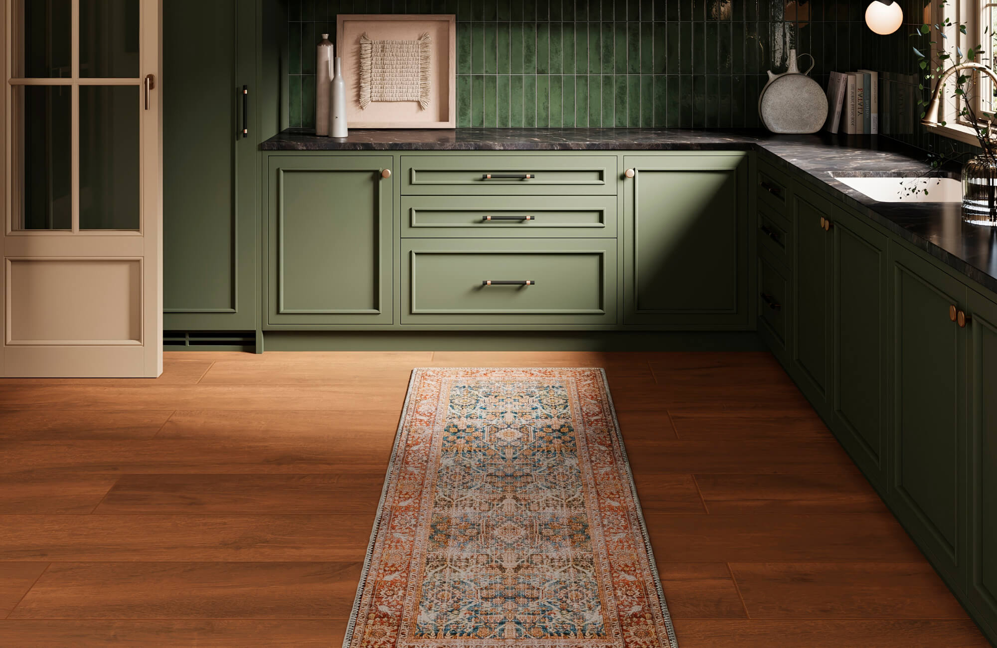 Dark wood look tile flooring in the kitchen offers a durable surface with a warm, natural wood-inspired finish.