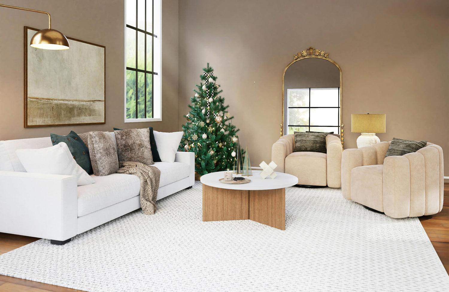 Cozy holiday living room featuring a white woven tile-look wool area rug, neutral furniture, and a decorated Christmas tree.