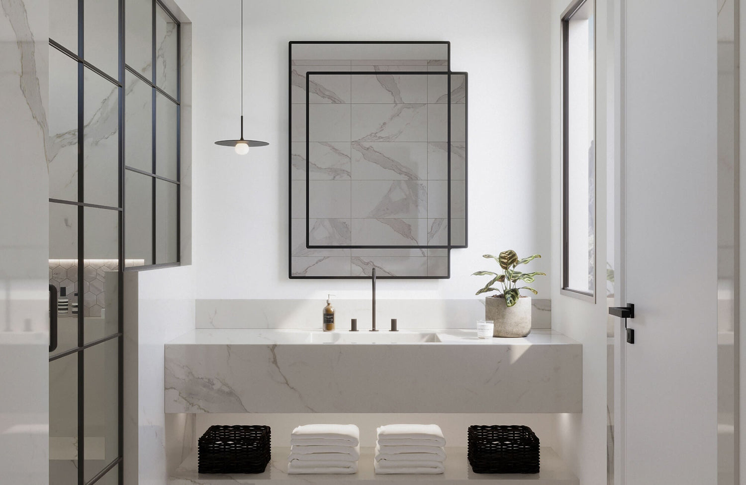Minimalist bathroom with a large marble vanity, overlapping square-framed mirrors, and a soft monochrome palette enhanced by sleek black accents and subtle natural light.