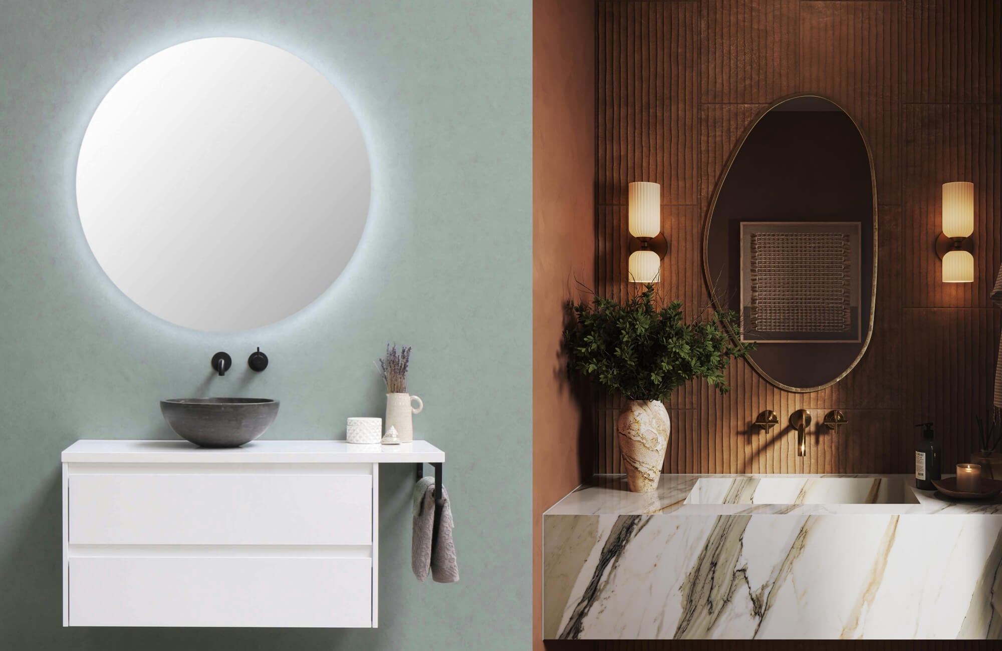 Side-by-side bathroom designs: one with a backlit round mirror, the other with an asymmetrical mirror framed by sconces.