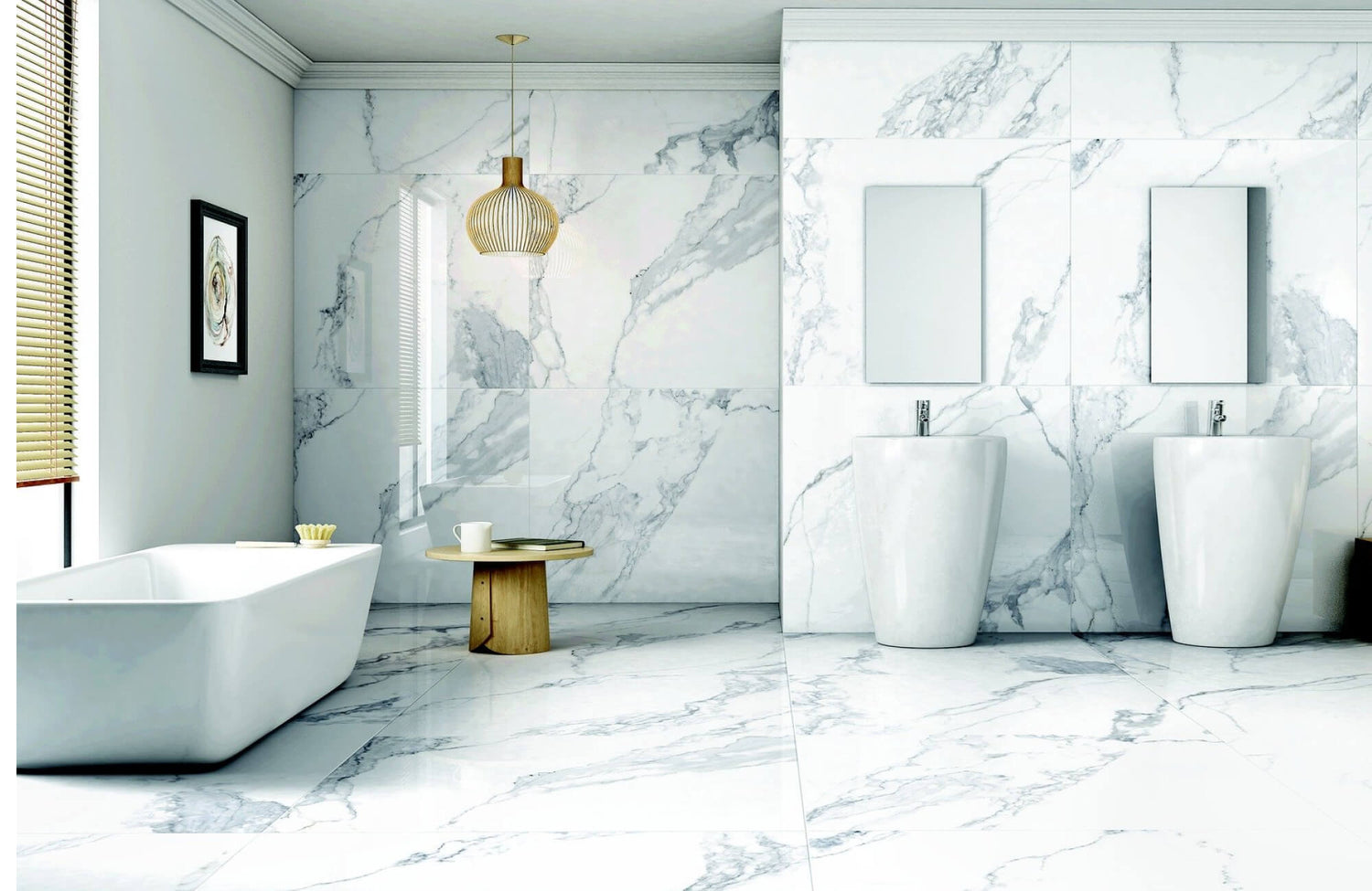 Luxurious bathroom showcasing marble-look tile walls and floors, a sleek freestanding bathtub, sculptural pedestal sinks, and warm accent lighting that together create a bright, modern spa-like retreat.