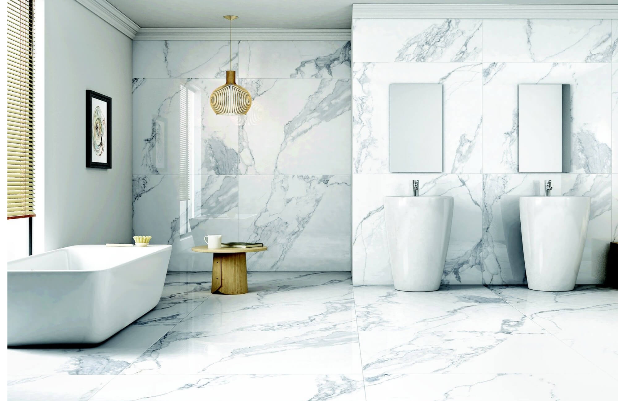 Luxurious bathroom showcasing marble-look tile walls and floors, a sleek freestanding bathtub, sculptural pedestal sinks, and warm accent lighting that together create a bright, modern spa-like retreat.