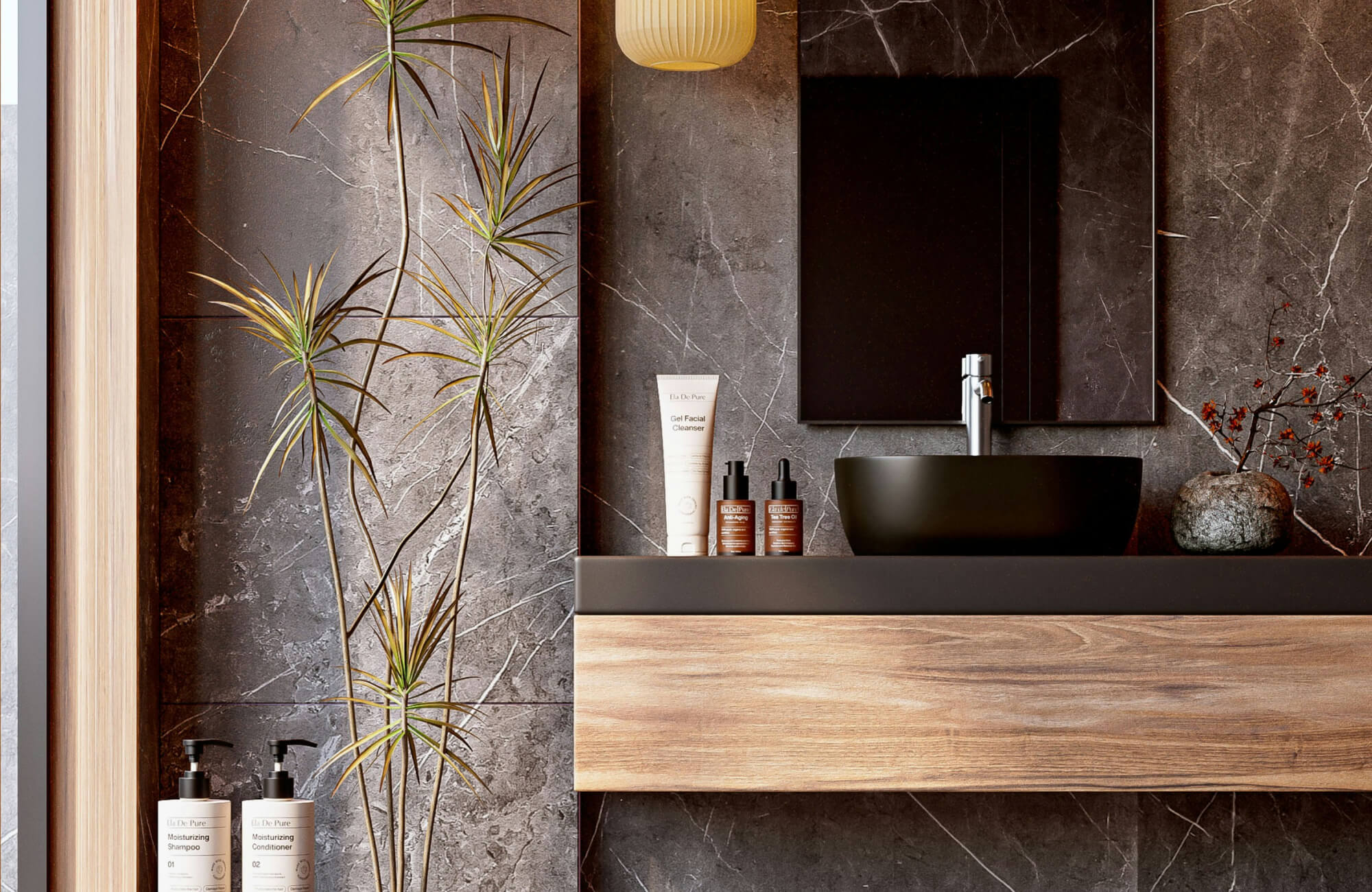 Sleek modern bathroom with a floating wood-finish vanity, black vessel sink, and elegant dark marble wall backdrop.