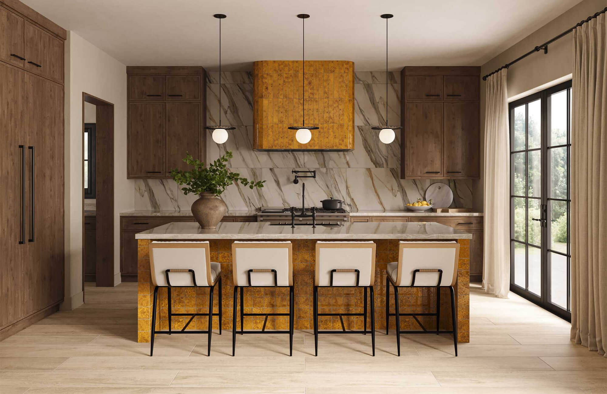 Contemporary kitchen with dramatic marble-look backsplash walls, warm wood cabinetry, waterfall island, and golden textured range hood surround beneath pendant lighting
