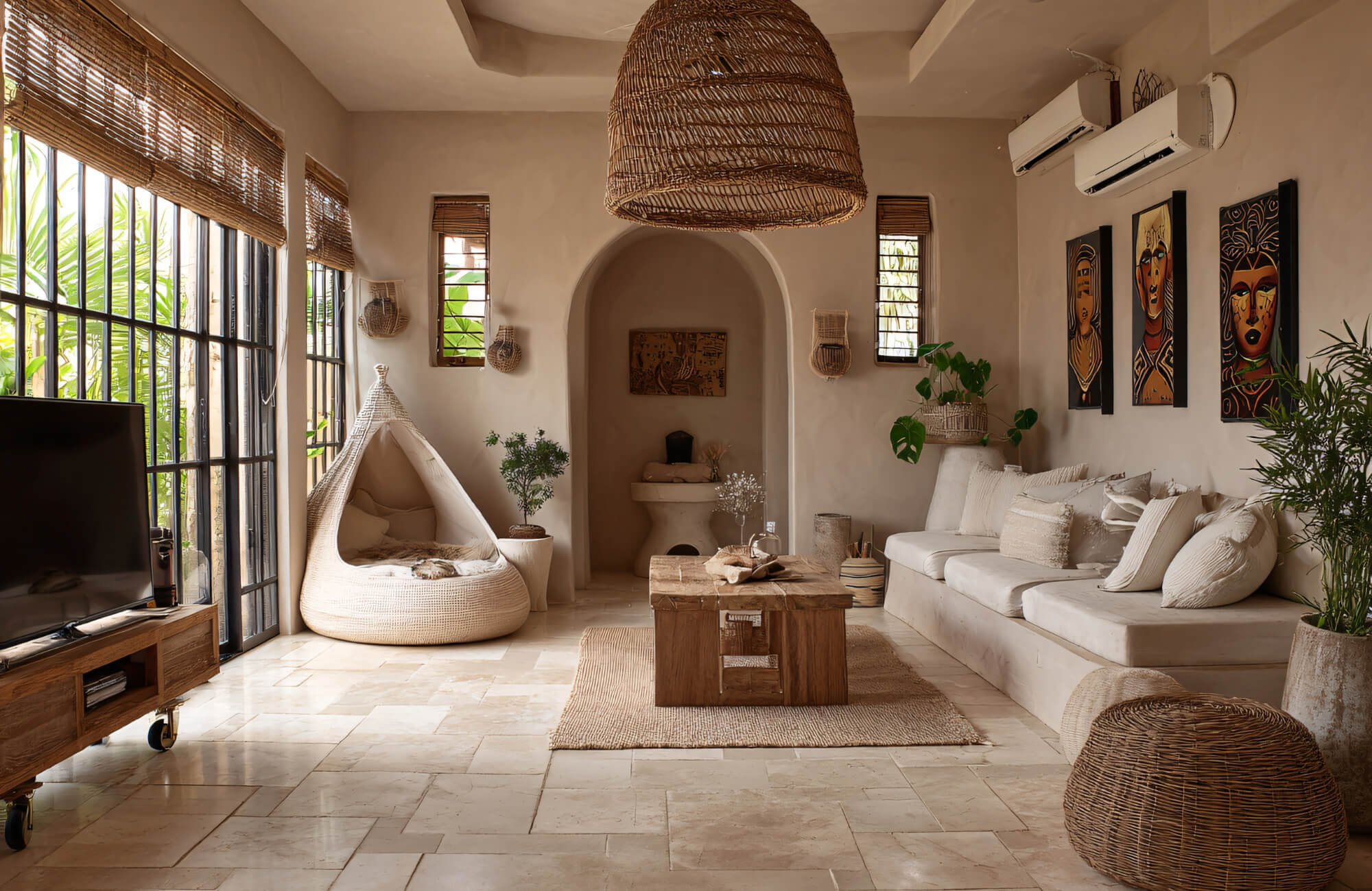 Neutral-toned living room with rattan accents, a woven rug, built-in sofa, and large windows bringing in natural light.