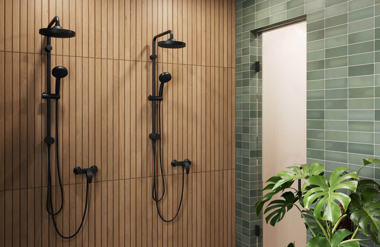 Modern shower with vertical wood-look ceramic tile wall, dual matte black rain showerheads, green subway tile accent wall, and indoor plant decor