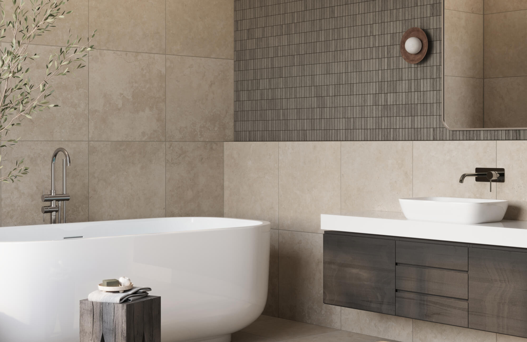 Modern bathroom with beige large-format wall tiles and dark mosaic accent, featuring a freestanding tub.