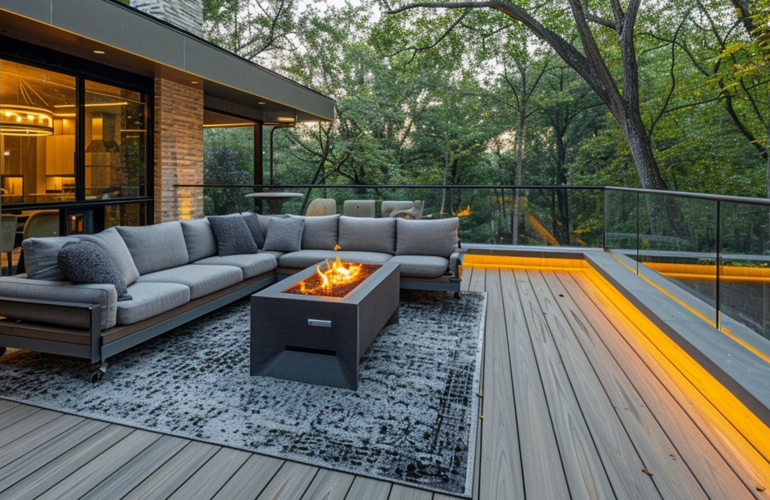 Modern outdoor patio with a sleek grey sectional, fire pit table, polypropylene rug, and warm LED deck lighting overlooking a wooded view.