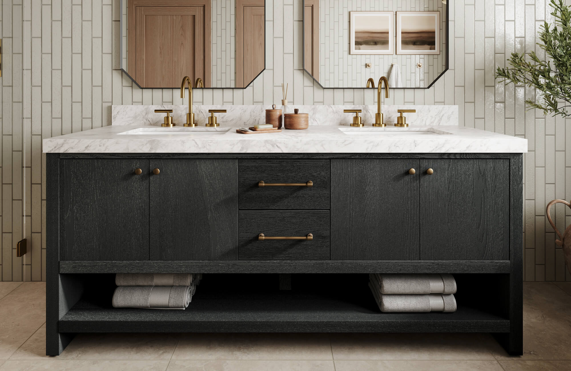 Vertical subway-style wall tiles in cream frame a double sink vanity with gold fixtures and a marble countertop.