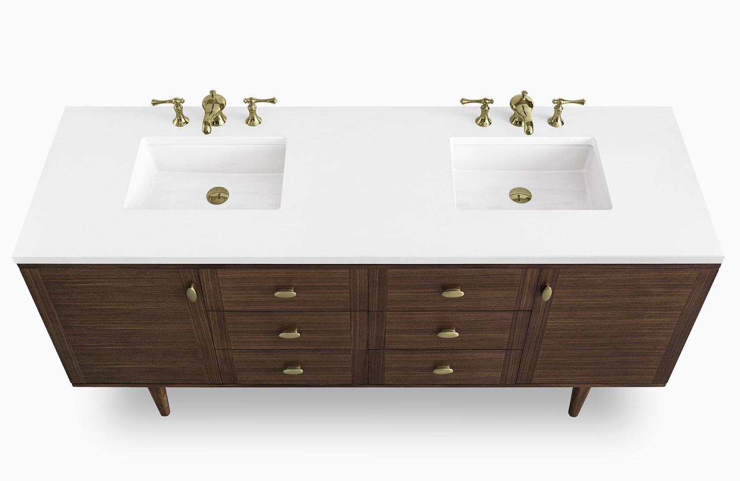 Mid-century vanity with brass fixtures and a sleek white quartz countertop, showcasing a double sink layout.