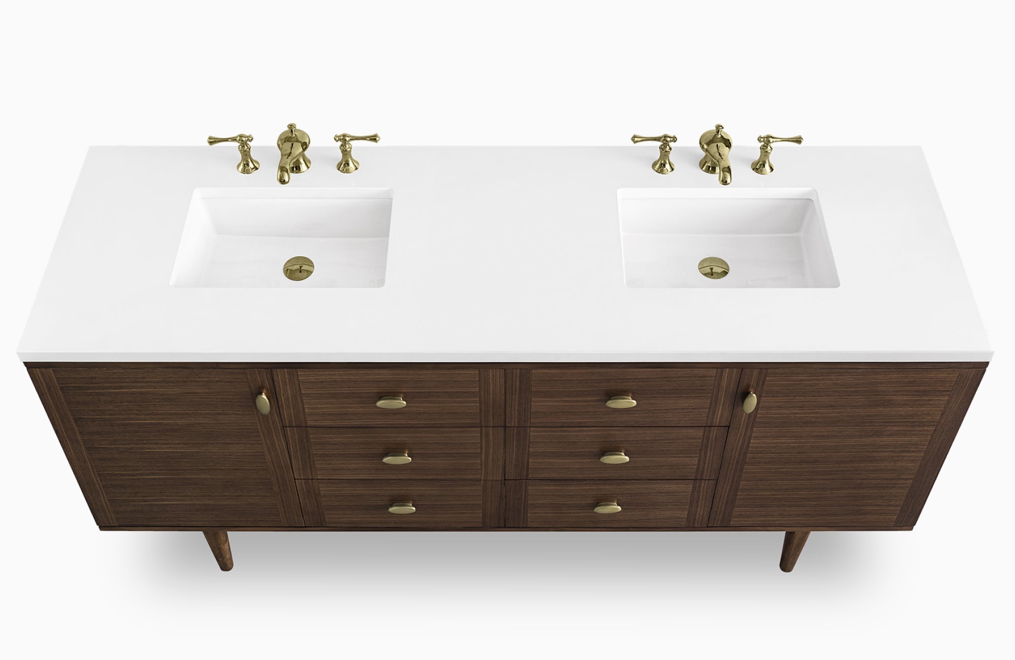 Mid-century vanity with brass fixtures and a sleek white quartz countertop, showcasing a double sink layout.