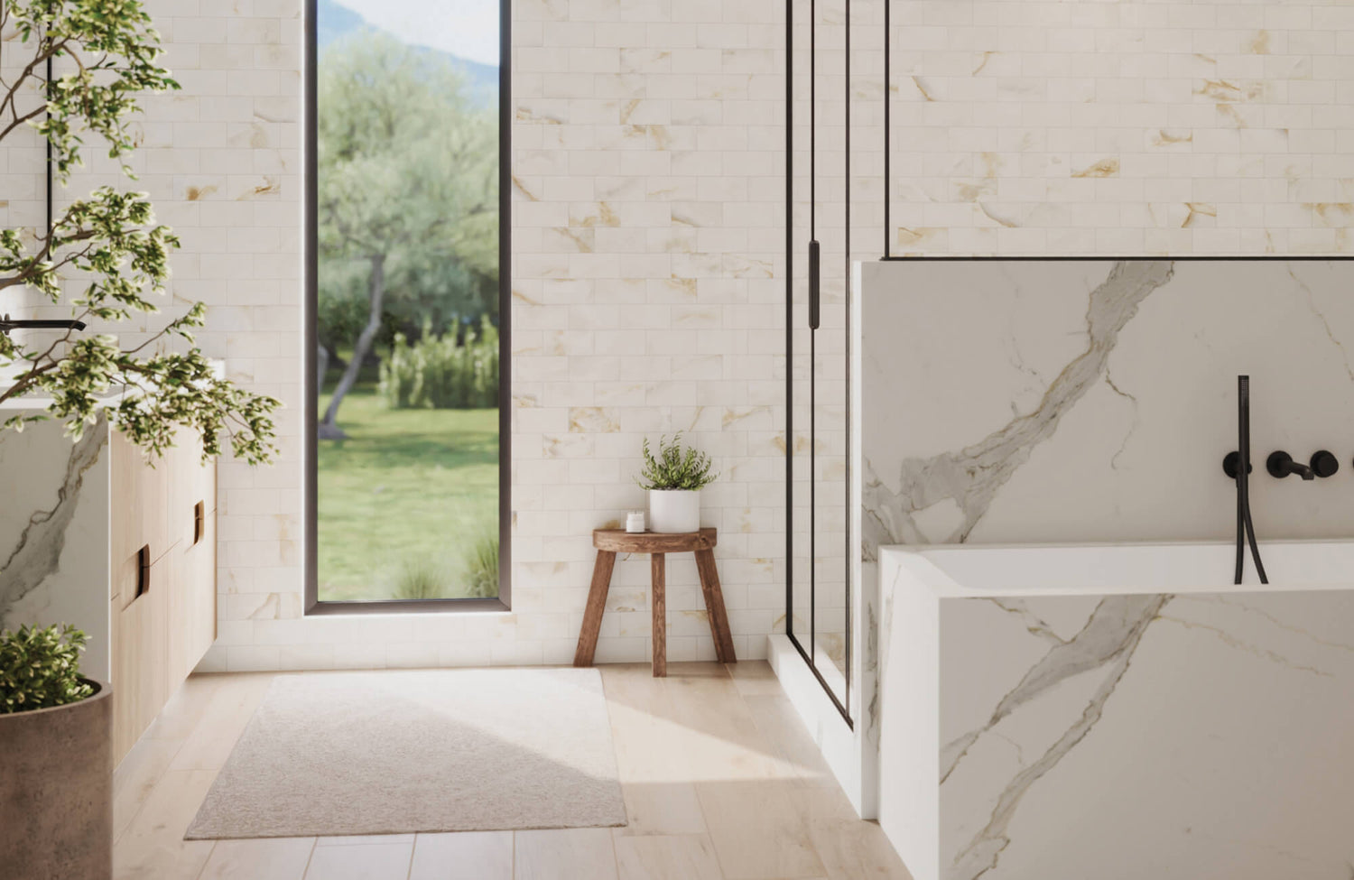 Bathroom featuring a beige polyester rug on light wood flooring, paired with a marble-look tub surround and ceramic tile walls