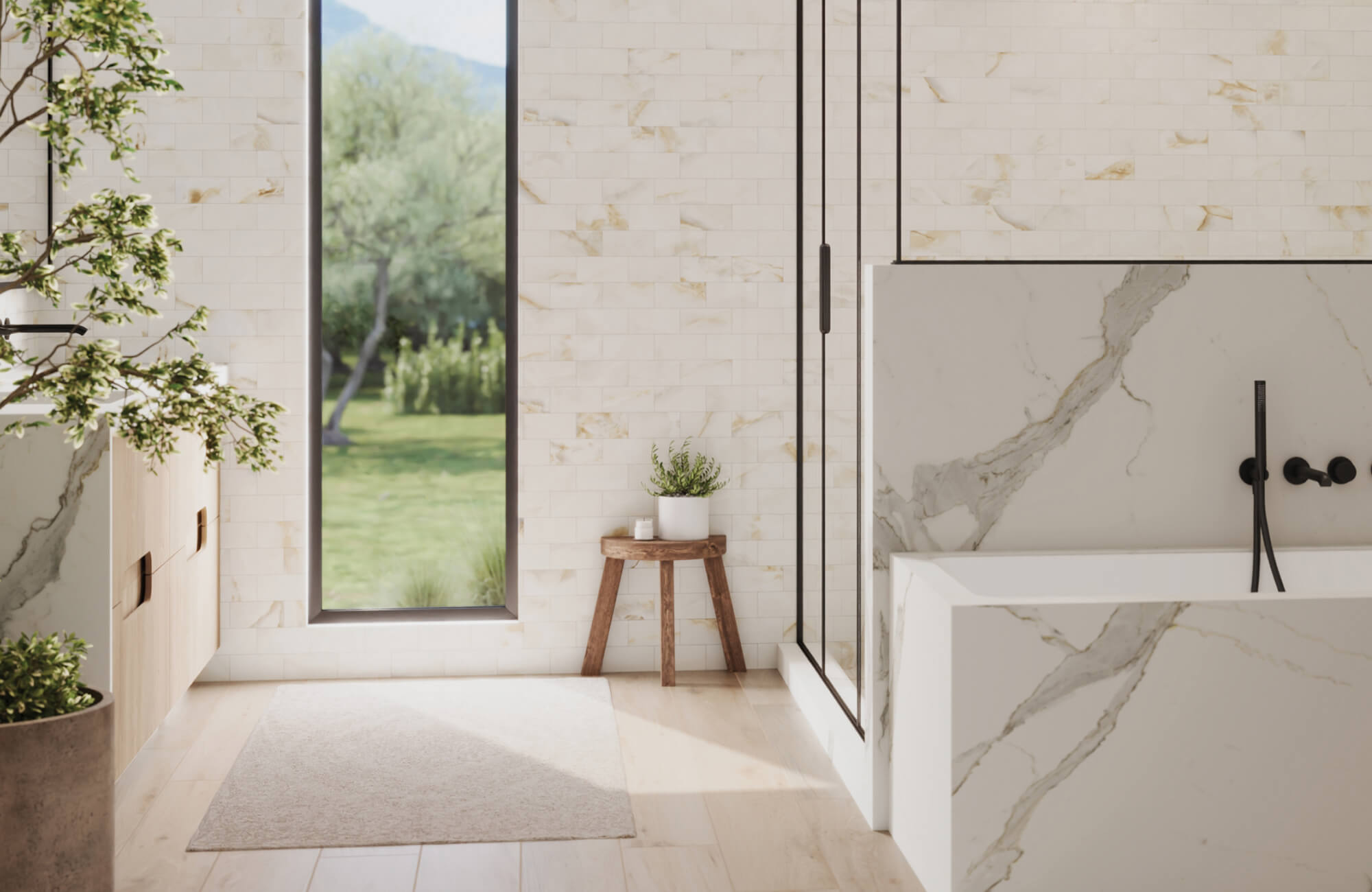 Bathroom featuring a beige polyester rug on light wood flooring, paired with a marble-look tub surround and ceramic tile walls