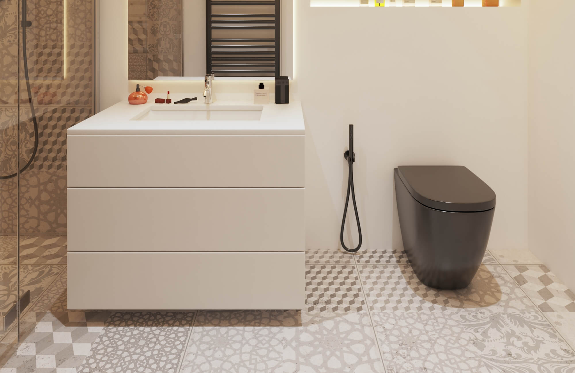 Modern small bathroom with patterned Moroccan-inspired floor tiles, floating vanity, and neutral finishes that enhance visual depth.