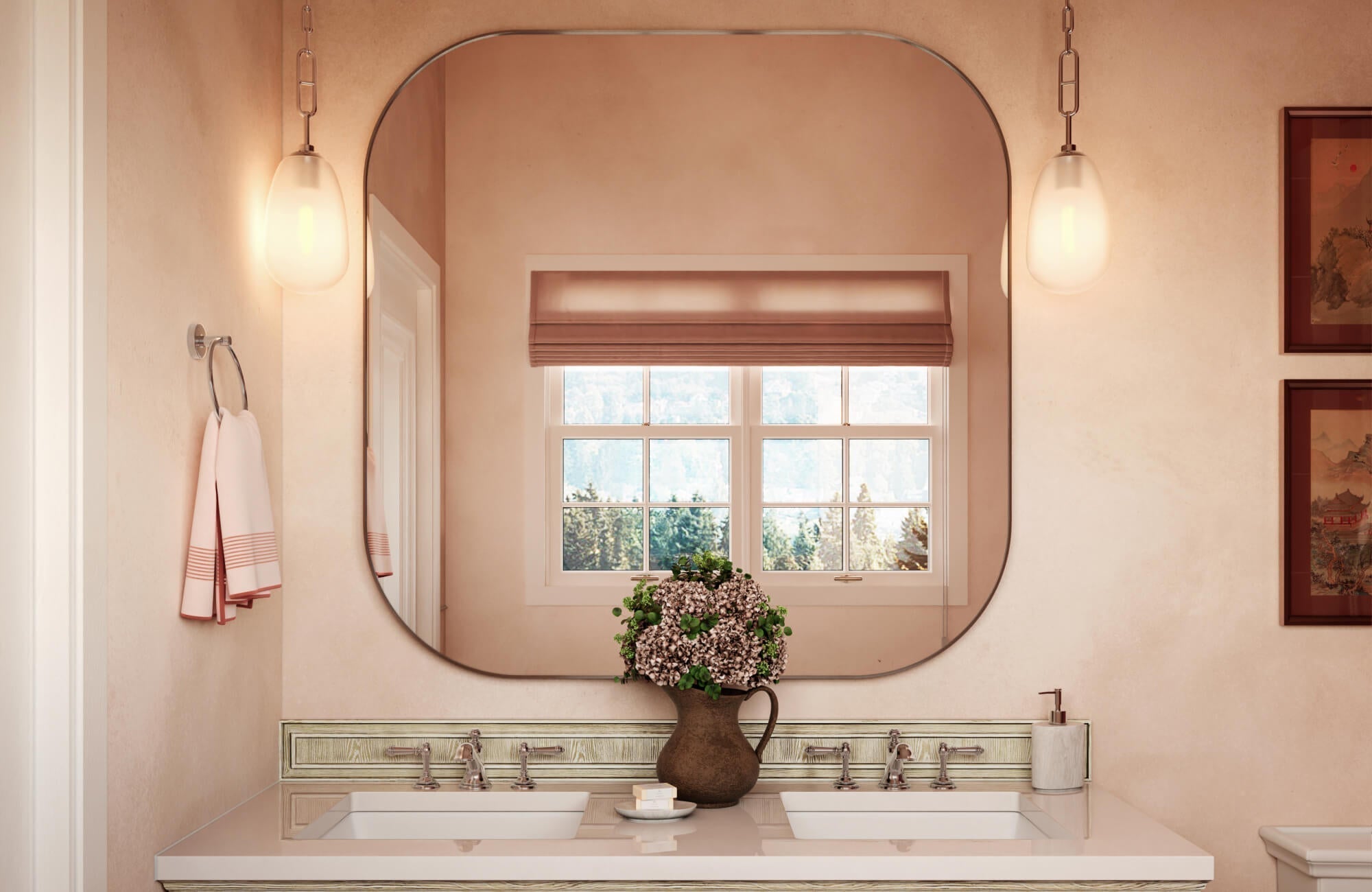 Elegant bathroom vanity with dual sinks, featuring sage green textured backsplash tiles and a large, rounded mirror.