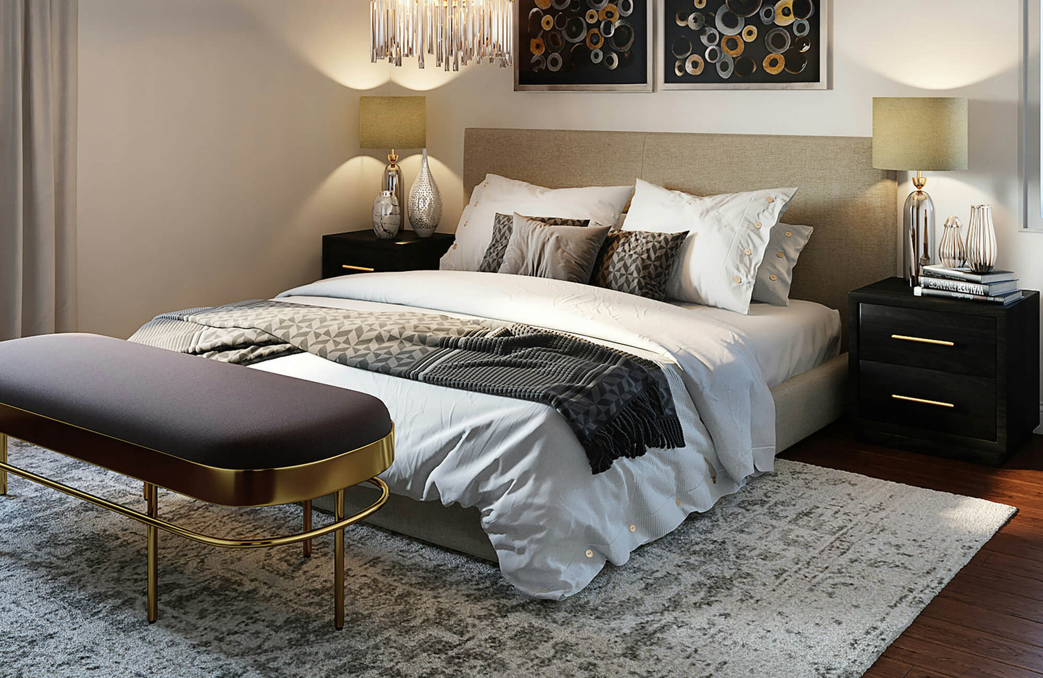 Luxurious bedroom rug in soft gray tones, enhancing the modern space with warmth, texture, and understated elegance.