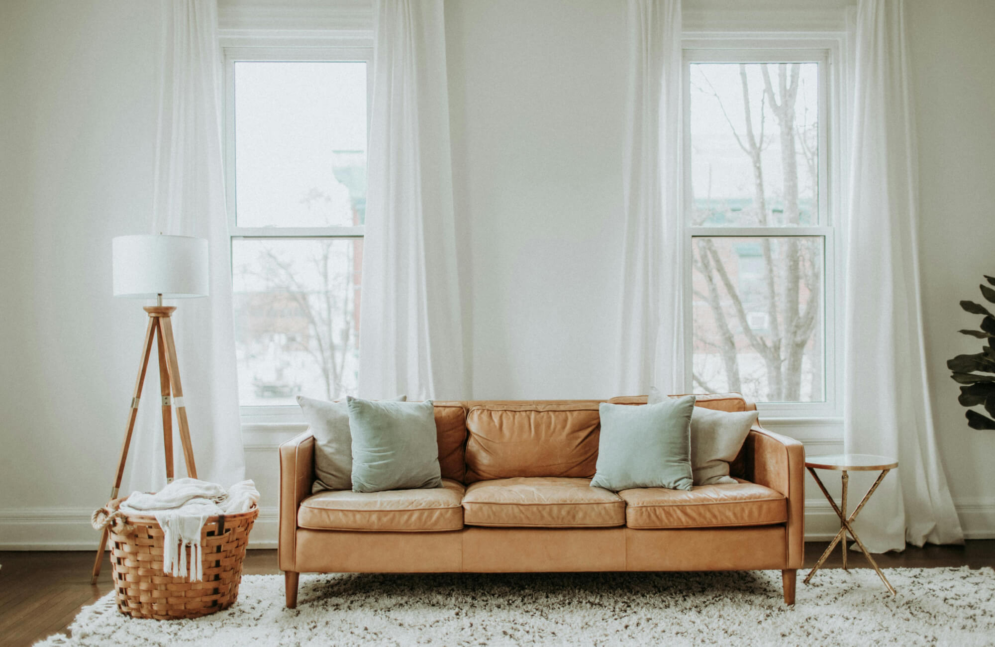 Bright living room with a textured cream rug grounding a tan leather sofa accented by soft pastel pillows.